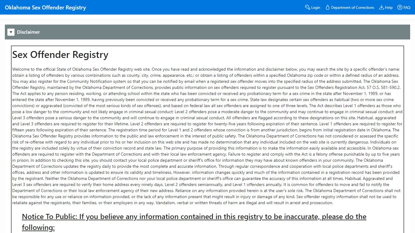 Oklahoma Department of Corrections - Sex Offender Registry